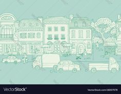 an old city street with cars and people in the background vector art drawing, line drawings,