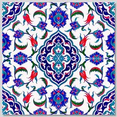 an ornate blue and red tile design with flowers on the bottom, in different colors