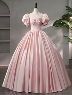 Beautiful Pink Scoop Neck Satin Floor Length Prom Dress Laceup Dress, Prom Dress Inspo, Pink Ball Gown, Floor Length Prom Dresses, Corset Dress Prom, Pink Prom Dress, Evening Dresses With Sleeves, Princess Dresses, A Line Shorts