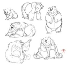 four bears are sitting and standing in different positions