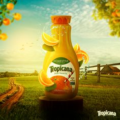 a bottle of orange juice sitting on top of a wooden stand in the grass next to a dirt road