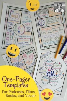 one - pager templates for books, and vocab with smiley faces