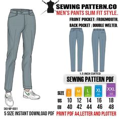 MEN'S  BUSSINESS SLIM FIT  SUIT PANTS. SEWING PATTERN PDF. Frogmouth front pocket , 1.5 inch leg opening cuff   .          Size S  -  2XL   (US 10  TO  18)    Waist from 32  -  40 inches. Short Description: Sizes  (US  10 - 18 ) (EU  40 - 48 ) MEASUREMENTS: Finished Waist From :             82 cm or 32  inches - 101 cm or 40 inches Pants Length   From :               101 cm or 40 inches - 108 cm.  or 42.5 inches. Height approx. = 5'10''   -    6'  1''  Or   175  - 185 cm sizing : Chino pants siz Fitted Pants With Side Pockets And Standard Cut, Fitted Pants With Side Pockets, Slim Fit Suit Pants, Slim Fit Pants Men, Slim Fit Suit Men, Pants Sewing, Pants Sewing Pattern, Tile Print, Slim Fit Suit