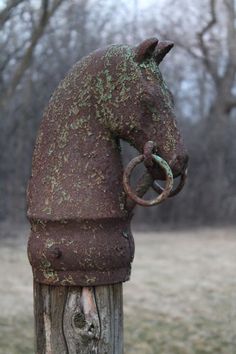 an old rusted horse head on top of a wooden post