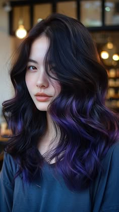 30 Balayage Hair Color Innovations That Define Modern Elegance Purple Balyage Long Hair Brunettes, Purple Babylights Hair, Violet Balayage Brunette, Indigo Balayage, Midnight Blue Balayage, Deep Purple Balayage, Hair Colours For Brown Skin Indian, Deep Violet Hair Color, Deep Purple Hair Color