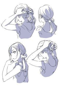 four different poses of a woman with her hair pulled back and wearing a pony tail