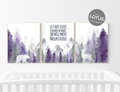 three watercolor paintings with the words adventure await on them in front of a crib