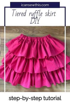 the tiered ruffle skirt pattern is shown in three different colors and sizes, including pink