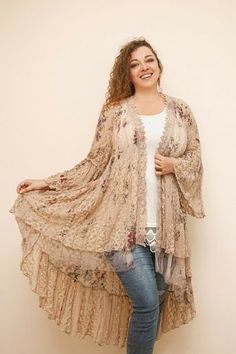 Gorgeous Bohemian Cardigan Elastic Lace Length: 49" approx longest side XL Bust 54" 2XL Bust 56" Runs Big Self 96% nylon 4% spandex Contrast 100% polyester Bohemian Cardigan, Curvy Boho, Bohemian Vests, Lace Outer, Duster Kimono, Crochet Ruffle, Witch Fashion, Plus Size Boutique, Lace Cardigan