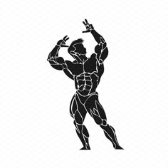 the silhouette of a bodybuilding man is shown in black and white, with his arms up