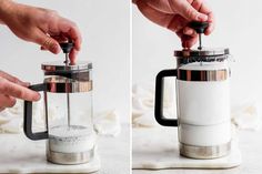 two pictures of someone making something in a coffee pot and then adding it to the blender