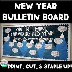 bulletin board for new year's eve with mountain scene and snowflakes on it