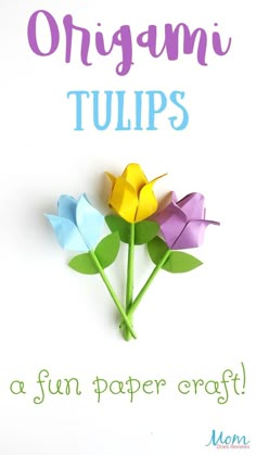 three origami tulips on a white background with the words, how to make an origami tulip