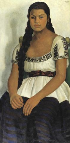 a painting of a woman with long braids sitting on a chair and looking at the camera