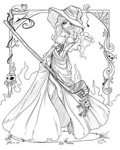 a drawing of a woman in a witch costume holding a broom and wearing a hat