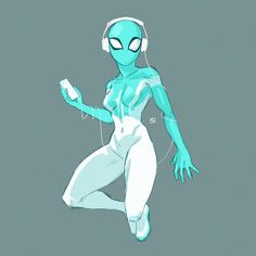 an alien woman with headphones on running