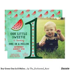 a watermelon 1st birthday party card with the number one on it and a photo of