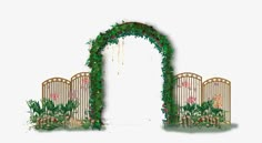 an open gate with flowers and greenery growing on it, in front of a white wall