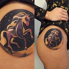 two pictures of the same woman's thigh with tattoos on them, one has a horse