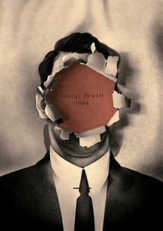 a man in a suit and tie with torn paper over his head