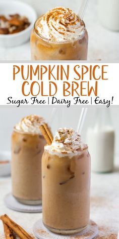 pumpkin spice cold brew recipe with cinnamon and whipped cream in the top, on a white table