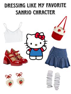 there is a hello kitty outfit and shoes on this page, with the caption reading dressing like my favorite sanrio character