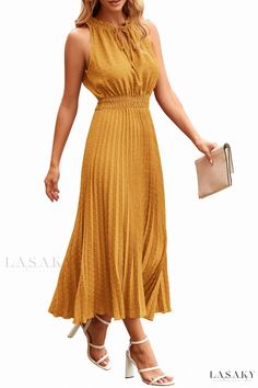 Lasaky - Jacquard Elastic Waist Sleeveless Dress Casual Maxi Dress, Dress With Pleats, Summer Capsule, Vintage Maxi Dress, Midi Dress Summer, Crewneck Dress, Swiss Dot, Maxi Dresses Casual, Style Maxi Dress