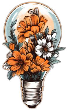 an orange and white flower arrangement in a light bulb with leaves on the side,