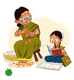 a woman sitting on the floor next to a child who is reading a book