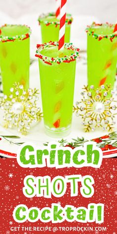 green shots with candy canes and sprinkles in them on a table