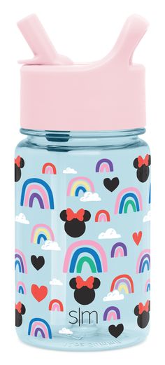 a blue glass water bottle with mickey mouse ears and rainbows on the side,