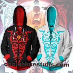 two hoodies with different designs on them