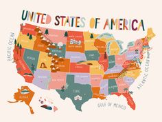 an illustrated map of the united states of america, with different colors and symbols on it