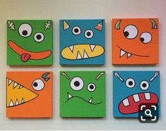 four square paintings with different colored monsters painted on them