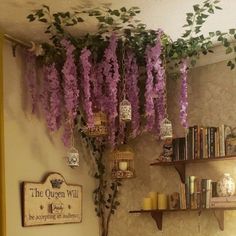 purple wister hanging from the ceiling in a room with bookshelves and shelves