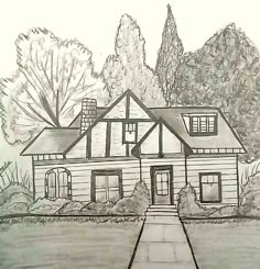 a drawing of a house with trees in the background