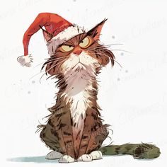 a drawing of a cat wearing a santa hat