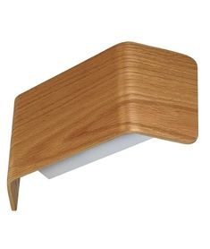 a wooden shelf with a white light on it