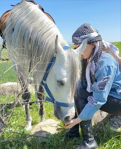 a woman kneeling down next to a white horse