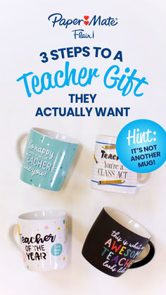 three coffee mugs with the words teacher gifts on them and an ad for pepper mate