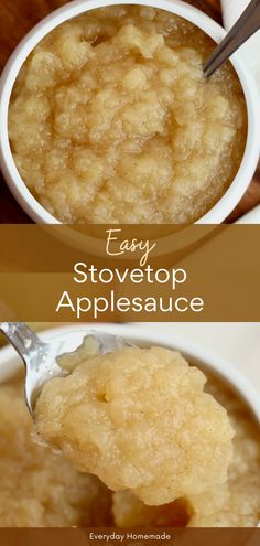 two pictures showing how to make stovetop applesauce in the slow cooker