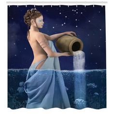 a woman in a blue dress is pouring water from a jug into the ocean at night