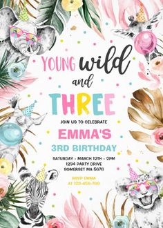 a birthday party with watercolor animals and flowers