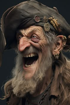 an old man with long hair wearing a pirate hat