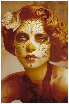 Vendimia Belleza by Daniel Esparza Tattoo Art Print  Day of the Dead Sugar Skull Halloweenský Makeup, Catrina Tattoo, Dead Makeup, Sugar Skull Girl, Market Art, Day Of The Dead Art, Horror Vintage, Sugar Skull Makeup, Day Of The Dead Skull