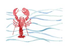 a watercolor drawing of a lobster in the ocean with blue and white waves behind it