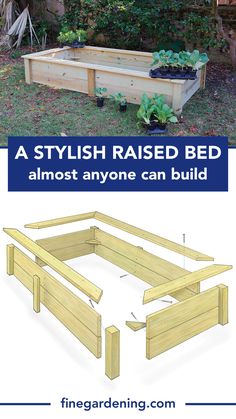 the plans for a raised bed are shown in three different stages, with text overlaying