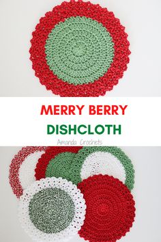 two crocheted christmas coasters with merry berry and green circles on the bottom