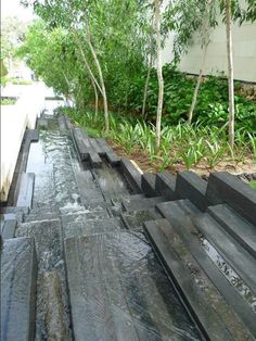 the water is running down the side of the building and there are trees in the background