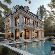 an artist's rendering of a house with a pool in the foreground and lounges around it